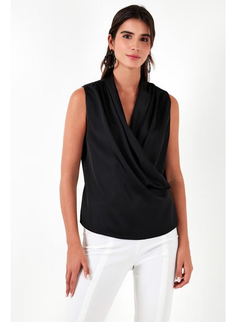 Lela Double Breasted Collar Sleeveless Satin Blouse Women's Blouse 611BZ0341 - Image 4